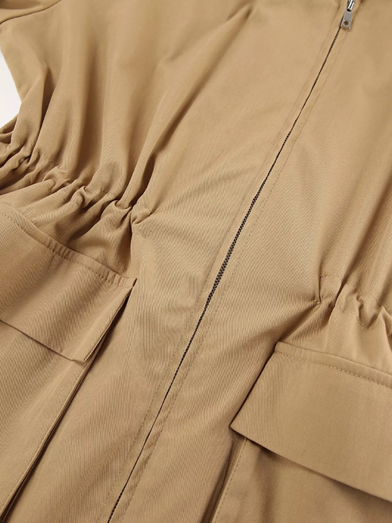 Oversized Contrast Collar Jacket with Drawstring Waist - Trendsi - Flyclothing LLC