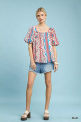 Umgee Patchwork Puff Sleeve Smocked Blouse - Trendsi - Flyclothing LLC