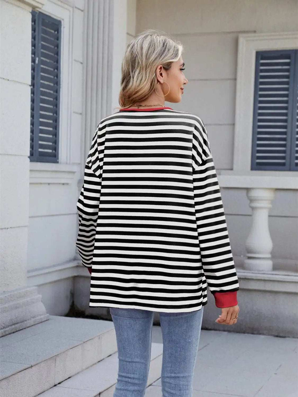 Lace-Up Striped Long Sleeve T-Shirt - Trendsi - Flyclothing LLC