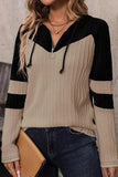 Drawstring Quarter Zip Contrast Long Sleeve Hoodie - Trendsi