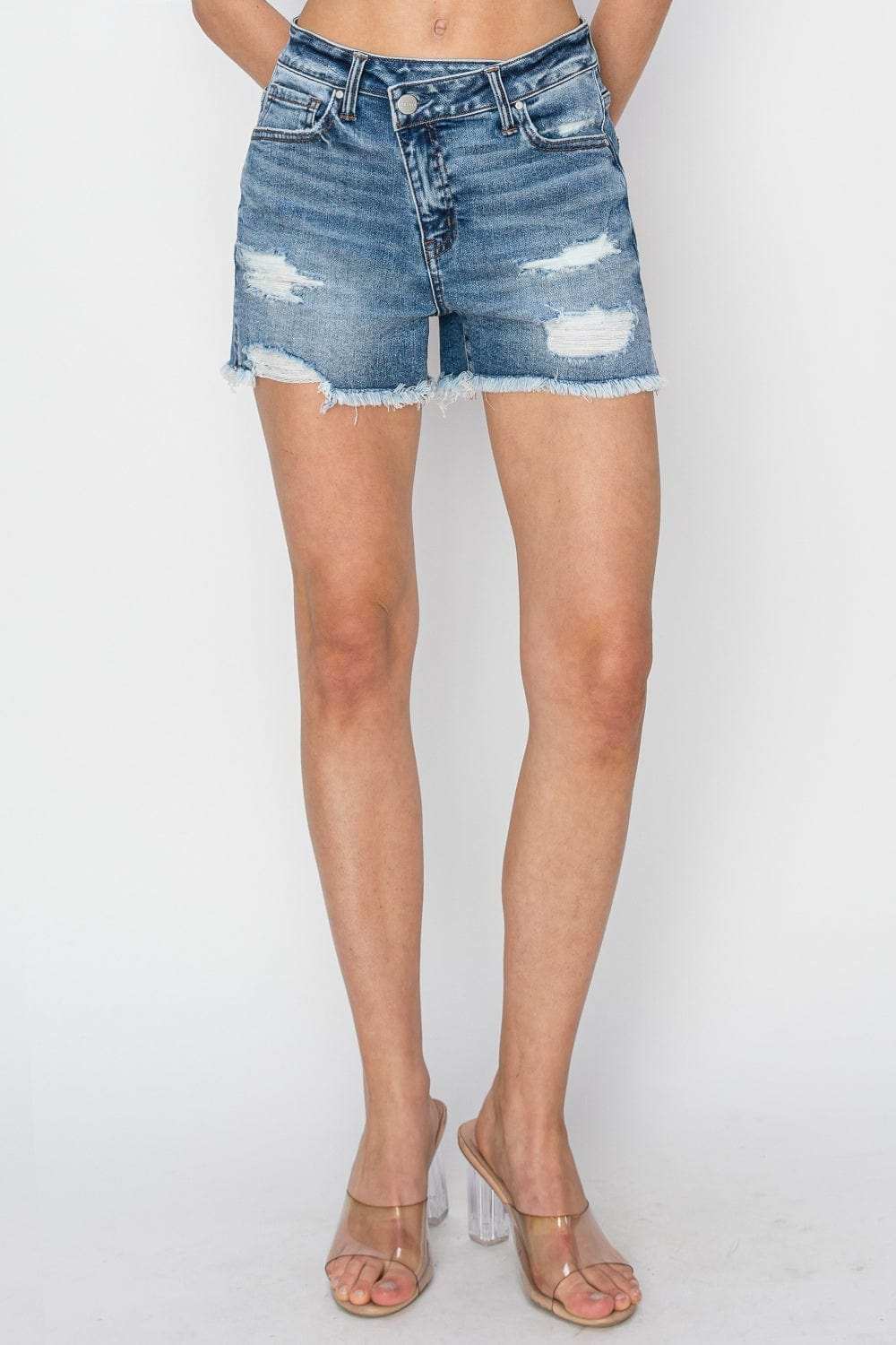 RISEN Stepped Waist Frayed Denim Shorts - Trendsi - Flyclothing LLC