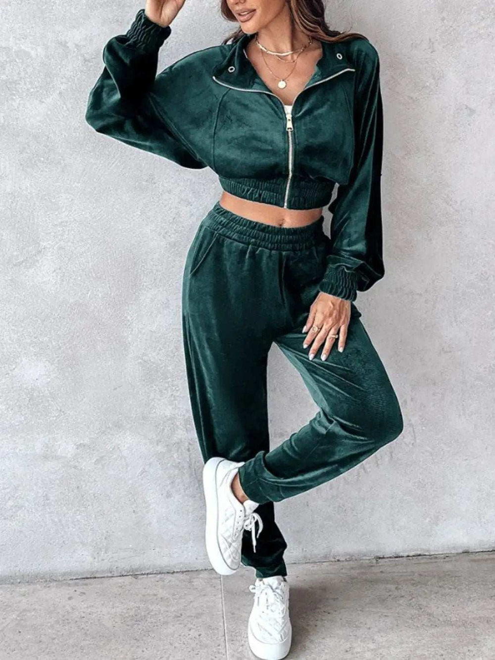 Zip Up Long Sleeve Cropped Top and Joggers Set - Trendsi - Flyclothing LLC