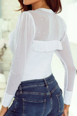 Pearl Decor Mesh Patchwork Ribbed Long Sleeve Top - Trendsi - Flyclothing LLC
