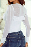 Pearl Decor Mesh Patchwork Ribbed Long Sleeve Top - Trendsi