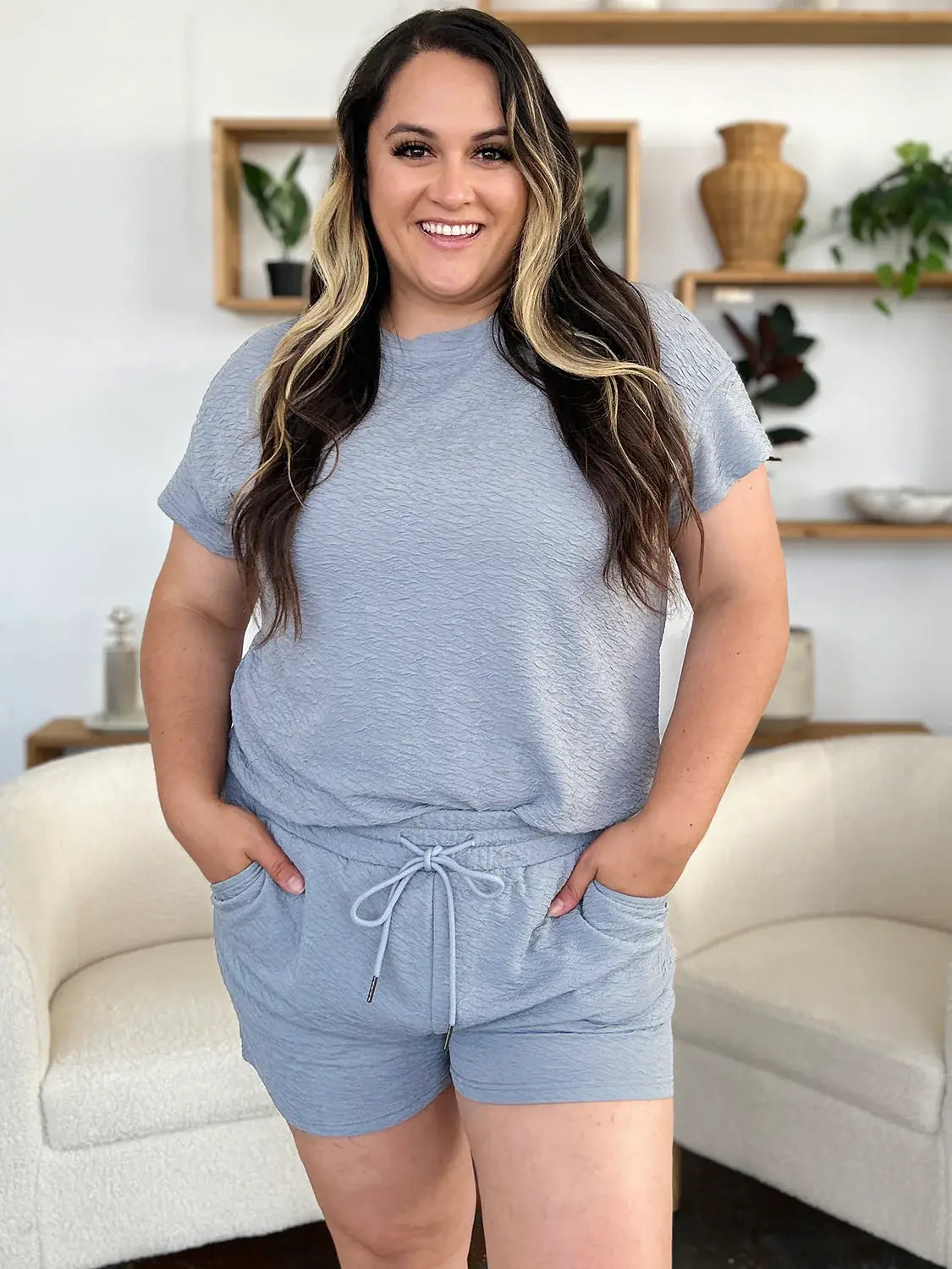 Double Take Full Size Texture Short Sleeve T-Shirt and Drawstring Shorts Set - Trendsi - Flyclothing LLC