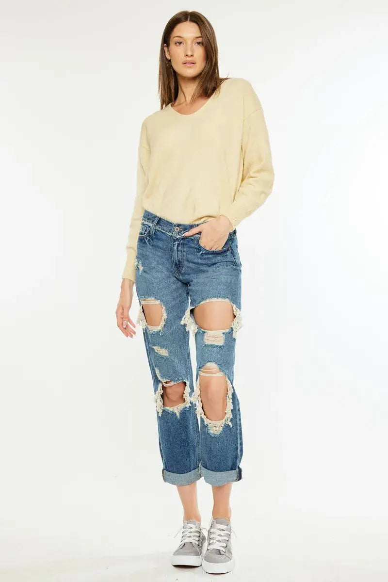 Kancan Distressed Mid Rise True Boyfriend Jeans - Trendsi - Flyclothing LLC