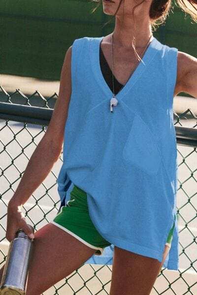 Side Slit V-Neck Tank - Trendsi - Flyclothing LLC