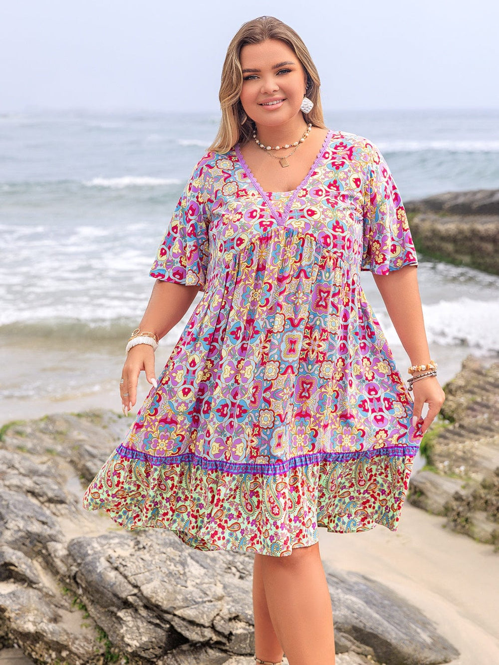 Plus Size Lace Detail Printed Half Sleeve Dress - Trendsi