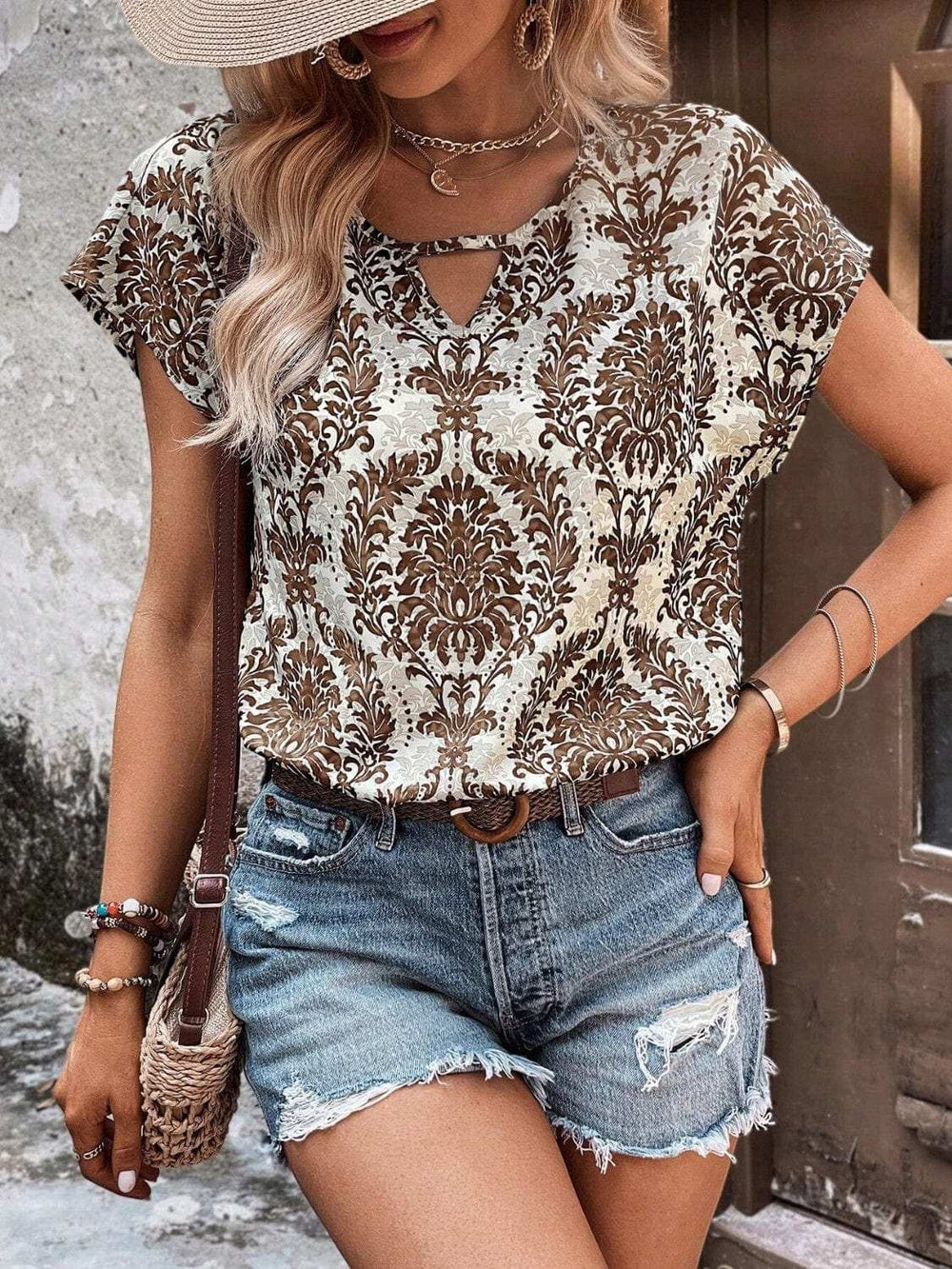 Printed Short Sleeve Blouse - Trendsi - Flyclothing LLC