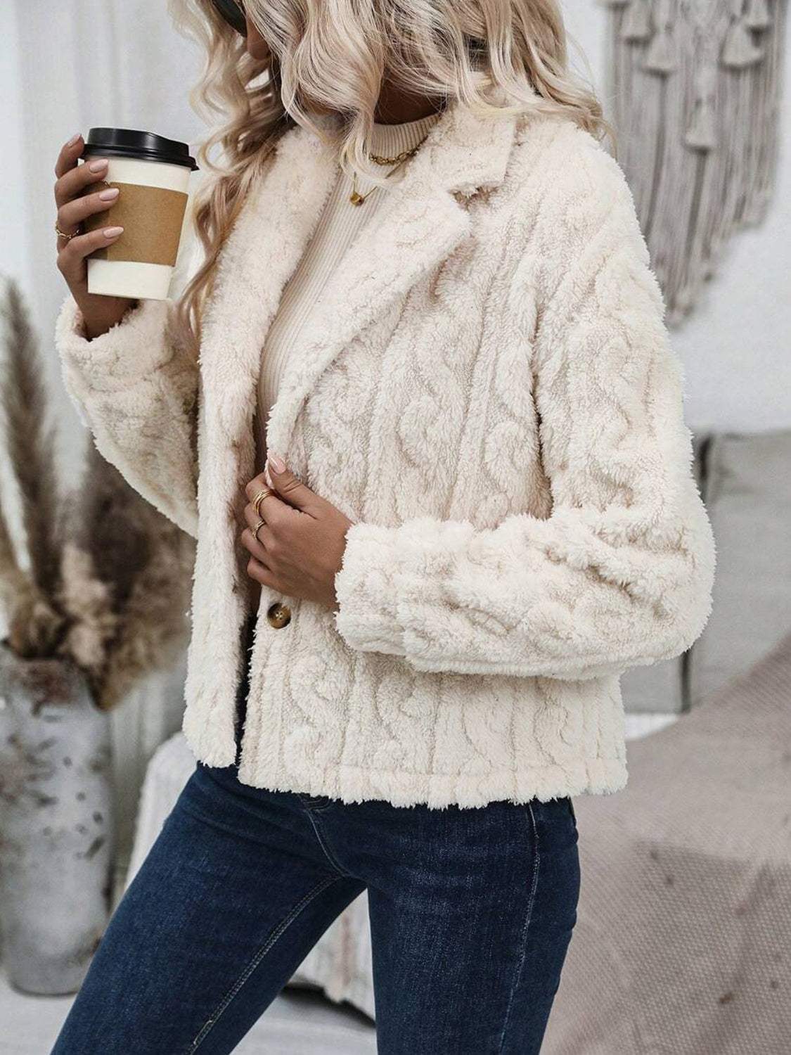 Fuzzy Button Up Collared Neck Jacket - Trendsi - Flyclothing LLC