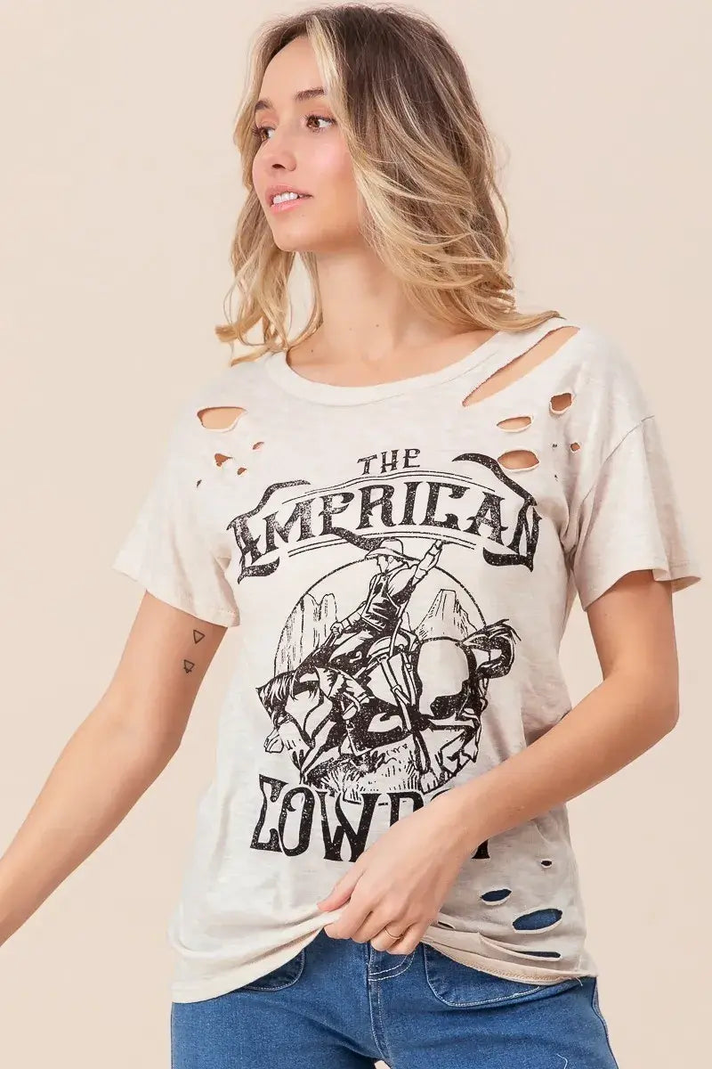 BiBi Cotton Slub Laser Top American Cow Boy Graphic - Trendsi - Flyclothing LLC