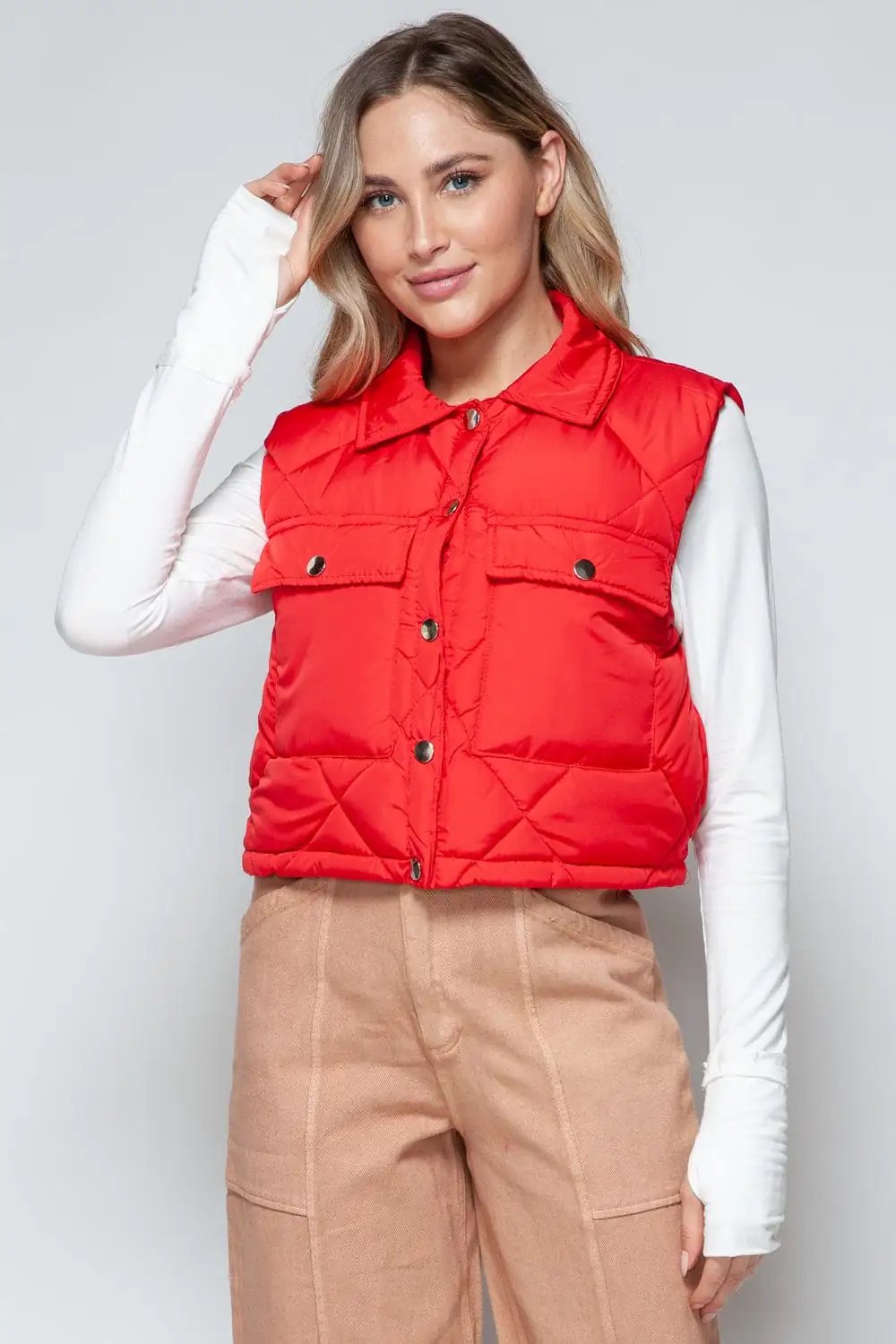 Snobbish Snap Down Quilted Crop Vest - Trendsi