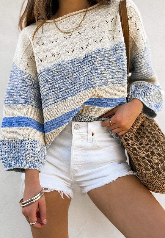 Contrast Round Neck Long Sleeve Sweater - Trendsi - Flyclothing LLC