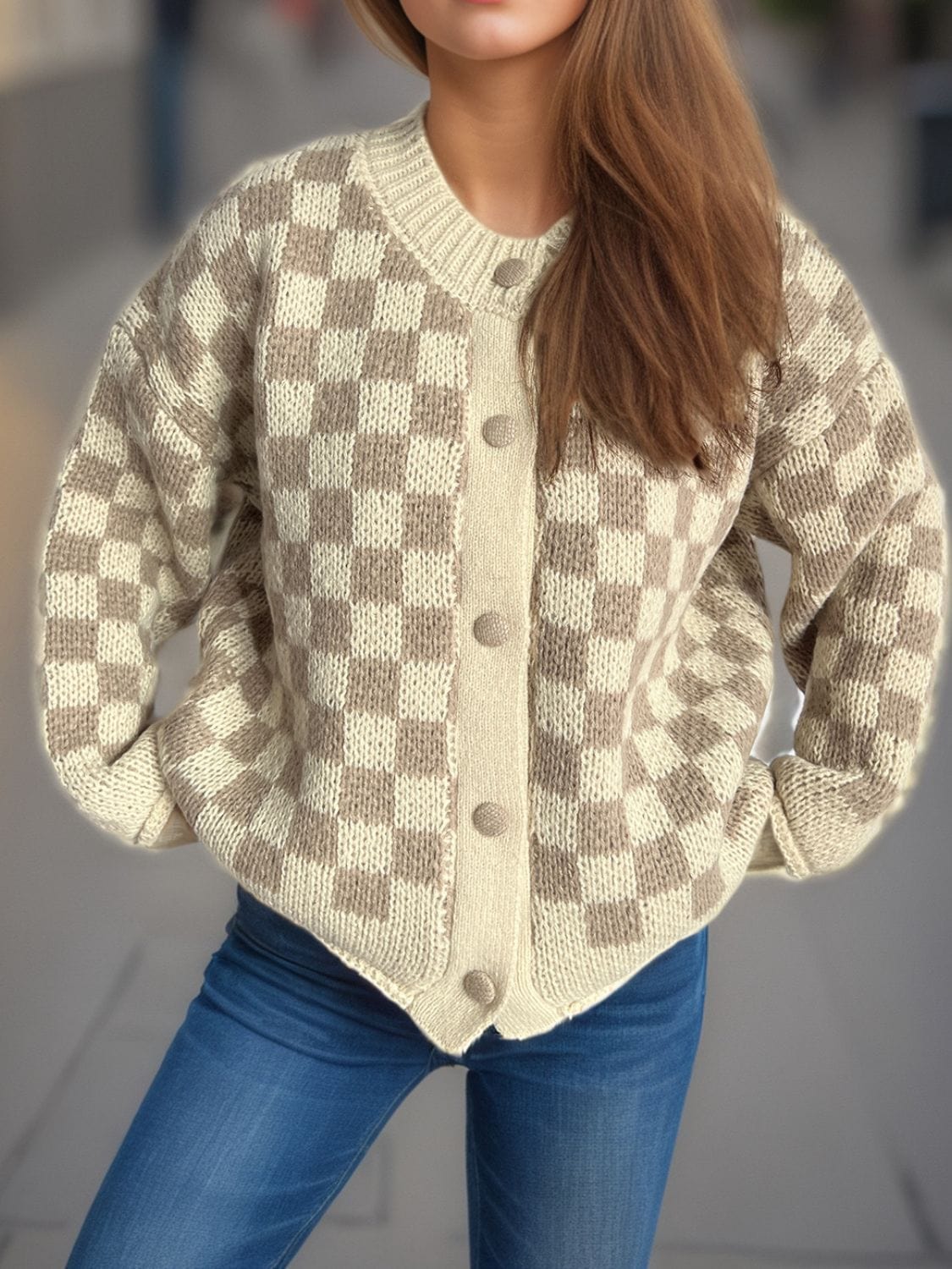 Checkered Button Up Round Neck Cardigan - Trendsi