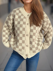 Checkered Button Up Round Neck Cardigan - Trendsi