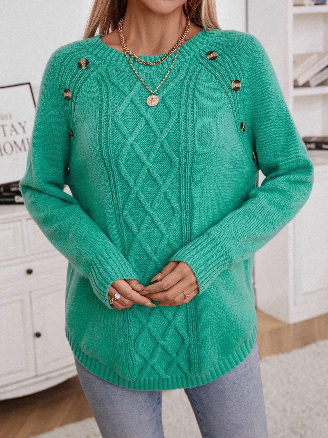 Decorative Button Round Neck Raglan Sleeve Sweater - Trendsi