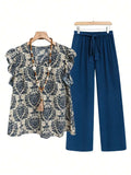 Printed Ruffled Cap Sleeve Top and Pants Set - Trendsi - Flyclothing LLC