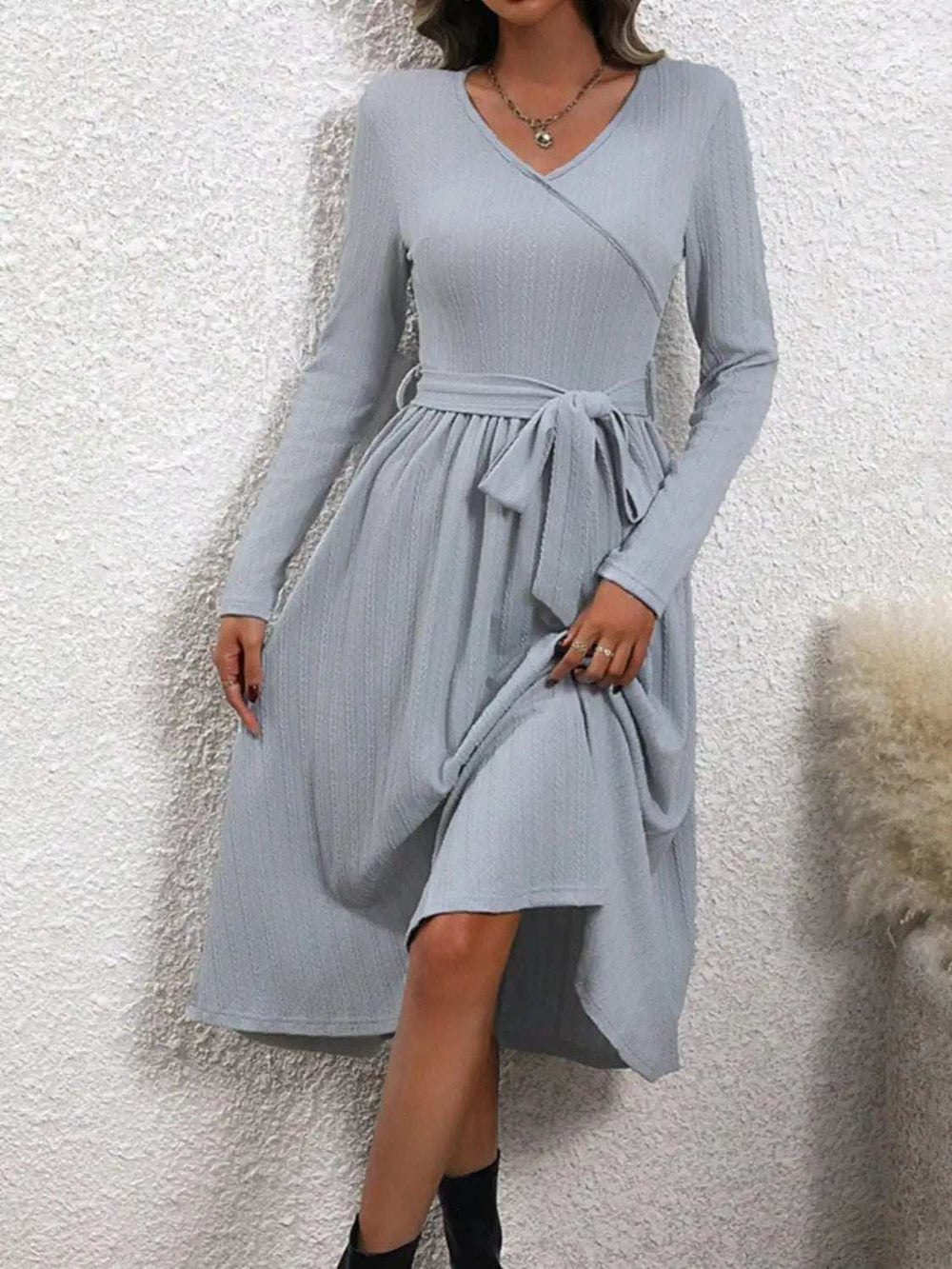 Surplice Tie Waist Long Sleeve Midi Dress - Trendsi - Flyclothing LLC
