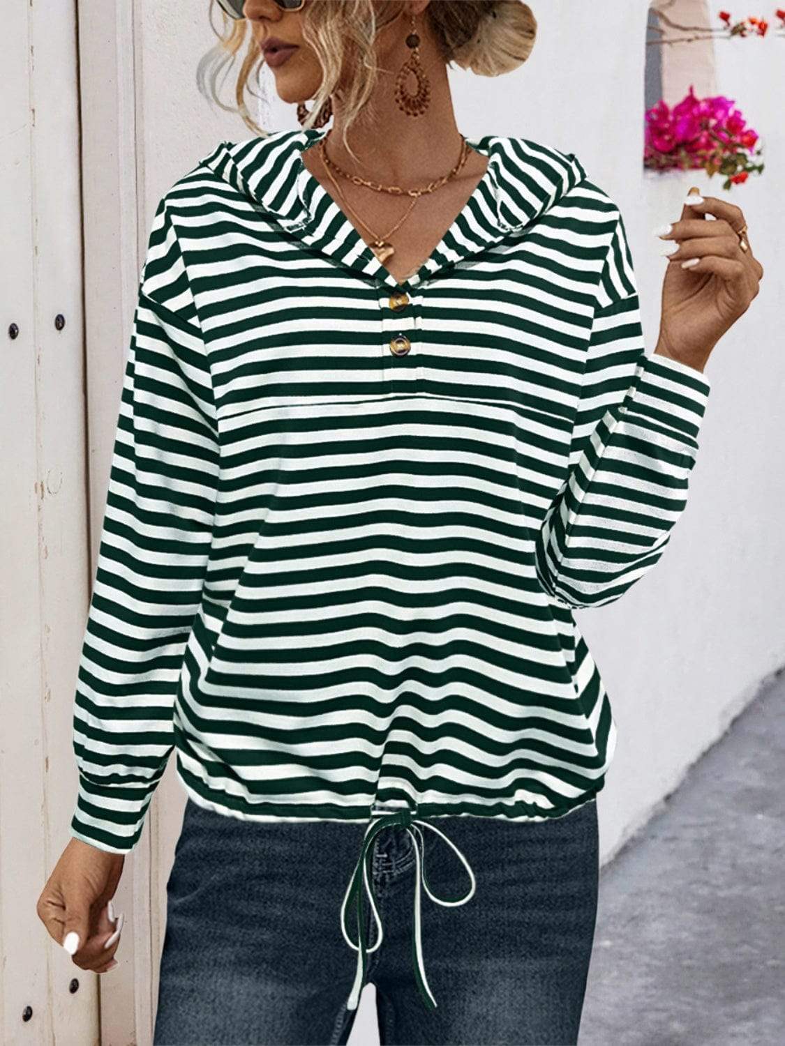 Drawstring Striped Long Sleeve Hoodie - Trendsi - Flyclothing LLC