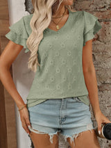 Eyelet V-Neck Ruffled Cap Sleeve Top - Trendsi - Flyclothing LLC
