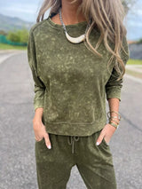 Full Size Washed Round Neck Top and Drawstring Pants Set Plus Size - Trendsi - Flyclothing LLC