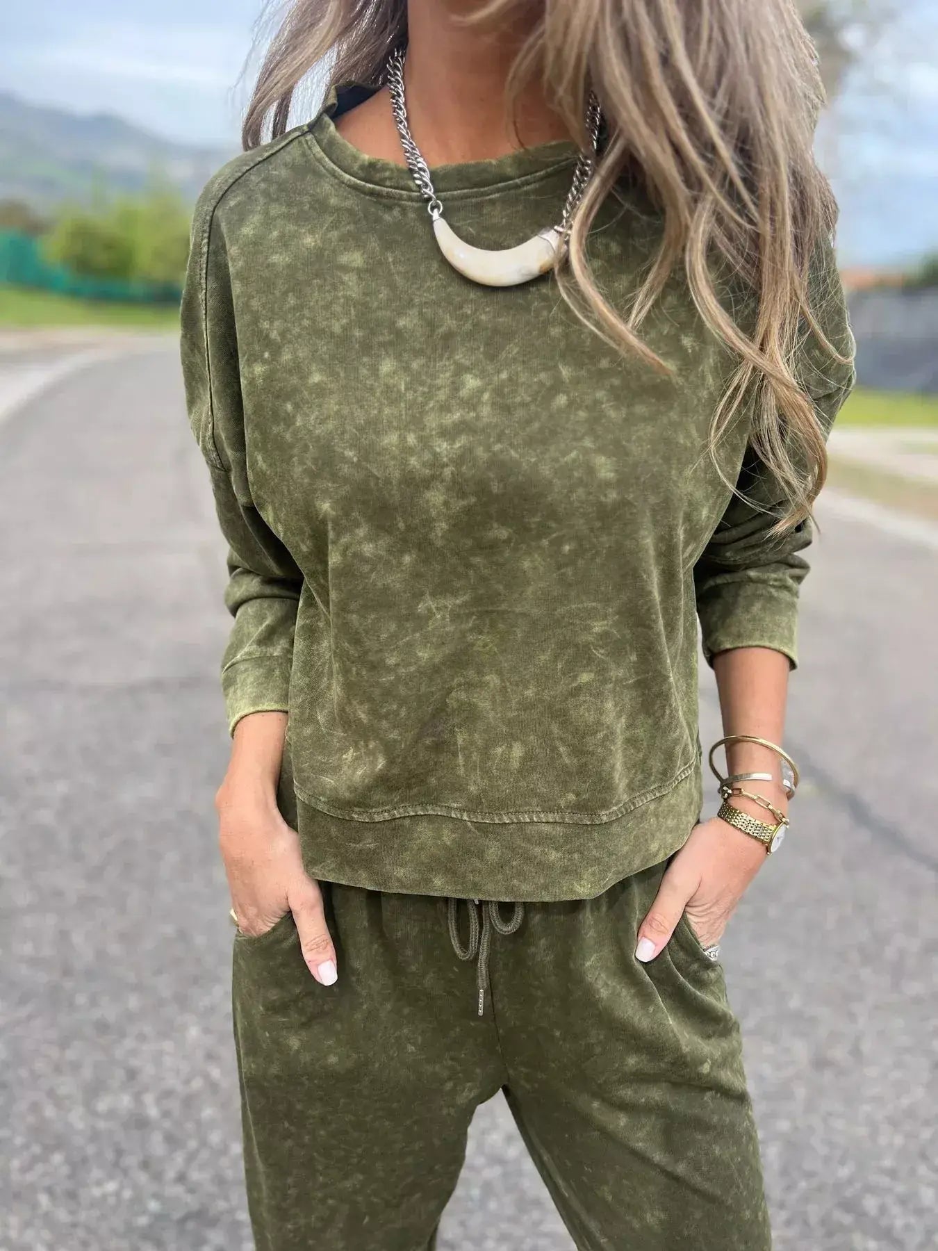 Full Size Washed Round Neck Top and Drawstring Pants Set Plus Size - Trendsi - Flyclothing LLC