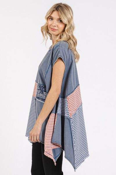 Mittoshop Patchwork Mineral Washed Round Neck Cap Sleeve Top - Trendsi - Flyclothing LLC