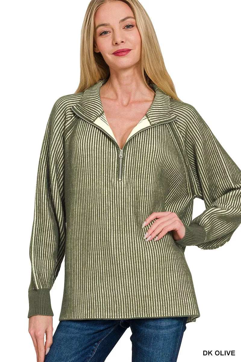Zenana Ribbed Two Tone Half Zip Sweater - Trendsi - Flyclothing LLC