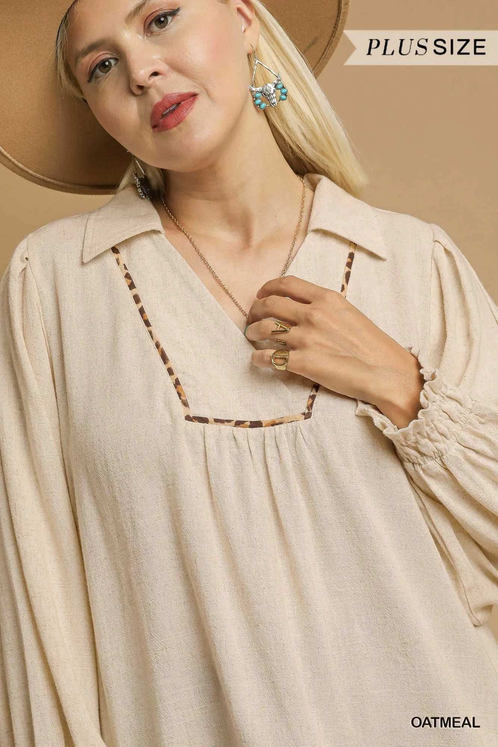 Umgee Full Size Linen Scallop Hem Blouse with Contrast Trim Plus Size - Trendsi - Flyclothing LLC