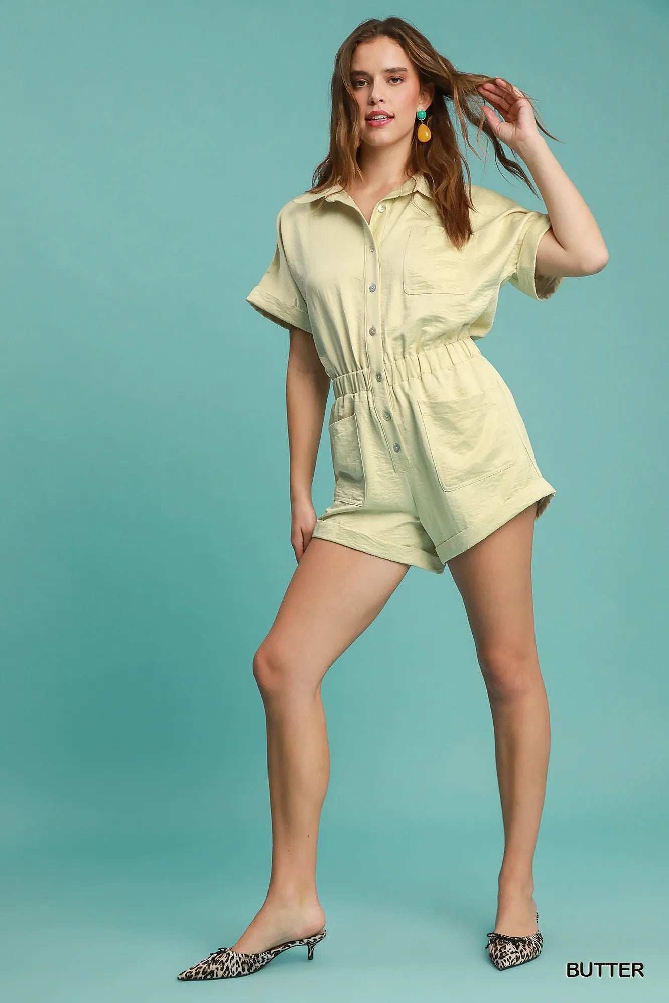 Umgee Button Down Charmeuse Romper - Trendsi - Flyclothing LLC