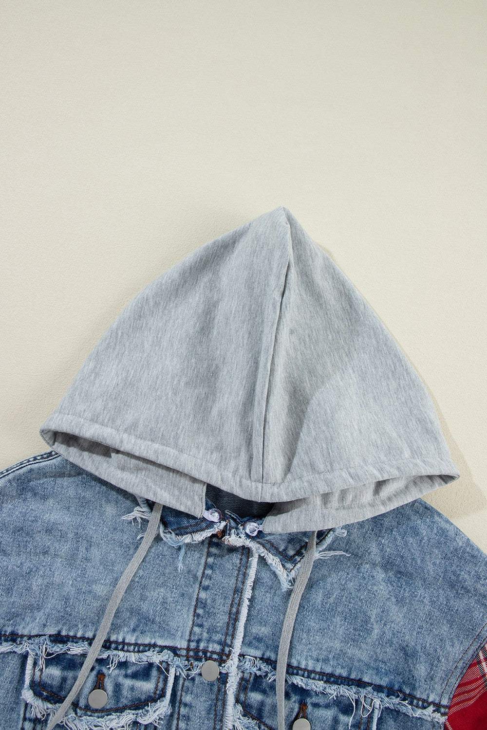 Raw Hem Drawstring Plaid Denim Jacket - Trendsi - Flyclothing LLC