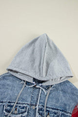 Raw Hem Drawstring Plaid Denim Jacket - Trendsi - Flyclothing LLC