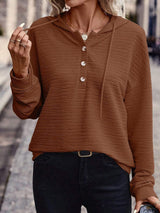Drawstring Quarter Button Long Sleeve Hoodie - Trendsi - Flyclothing LLC