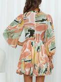 Printed Mock Neck Balloon Sleeve Mini Dress - Trendsi