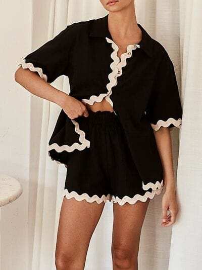 Contrast Trim Half Sleeve Top and Shorts Set - Trendsi - Flyclothing LLC