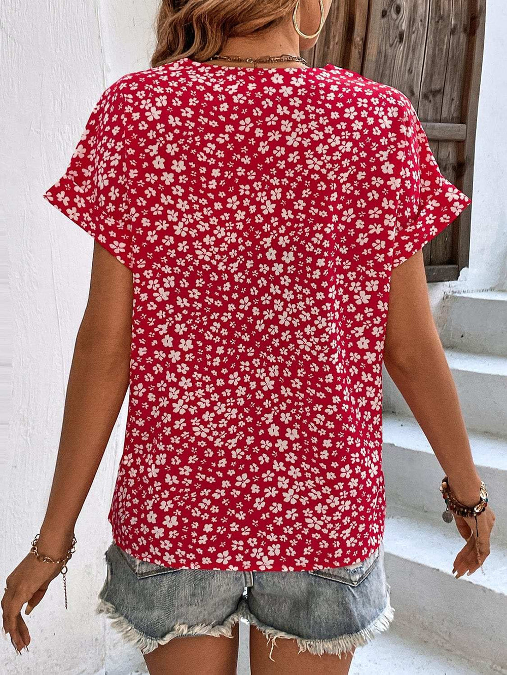 Printed V-Neck Short Sleeve Blouse - Trendsi - Flyclothing LLC