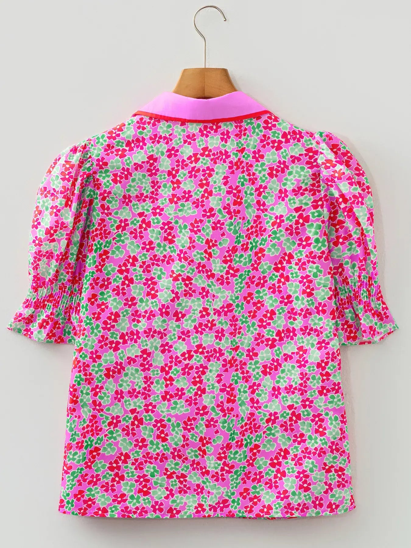 Floral Collared V Neck Short Puff Sleeve Blouse - Trendsi - Flyclothing LLC