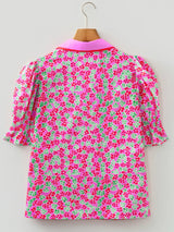 Floral Collared V Neck Short Puff Sleeve Blouse - Trendsi - Flyclothing LLC