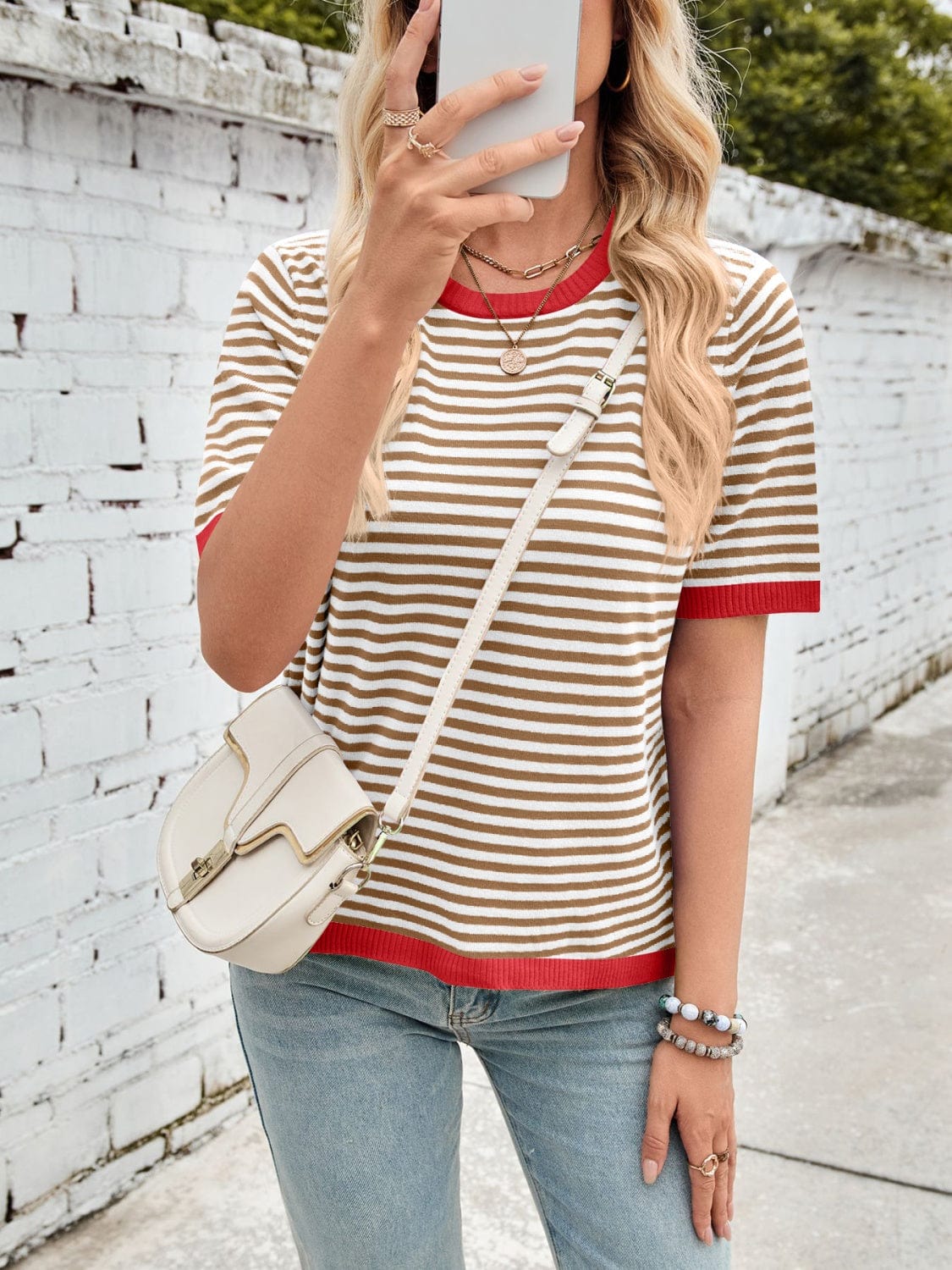 Lovelet Striped Contrast Round Neck Half Sleeve Knit Top - Trendsi