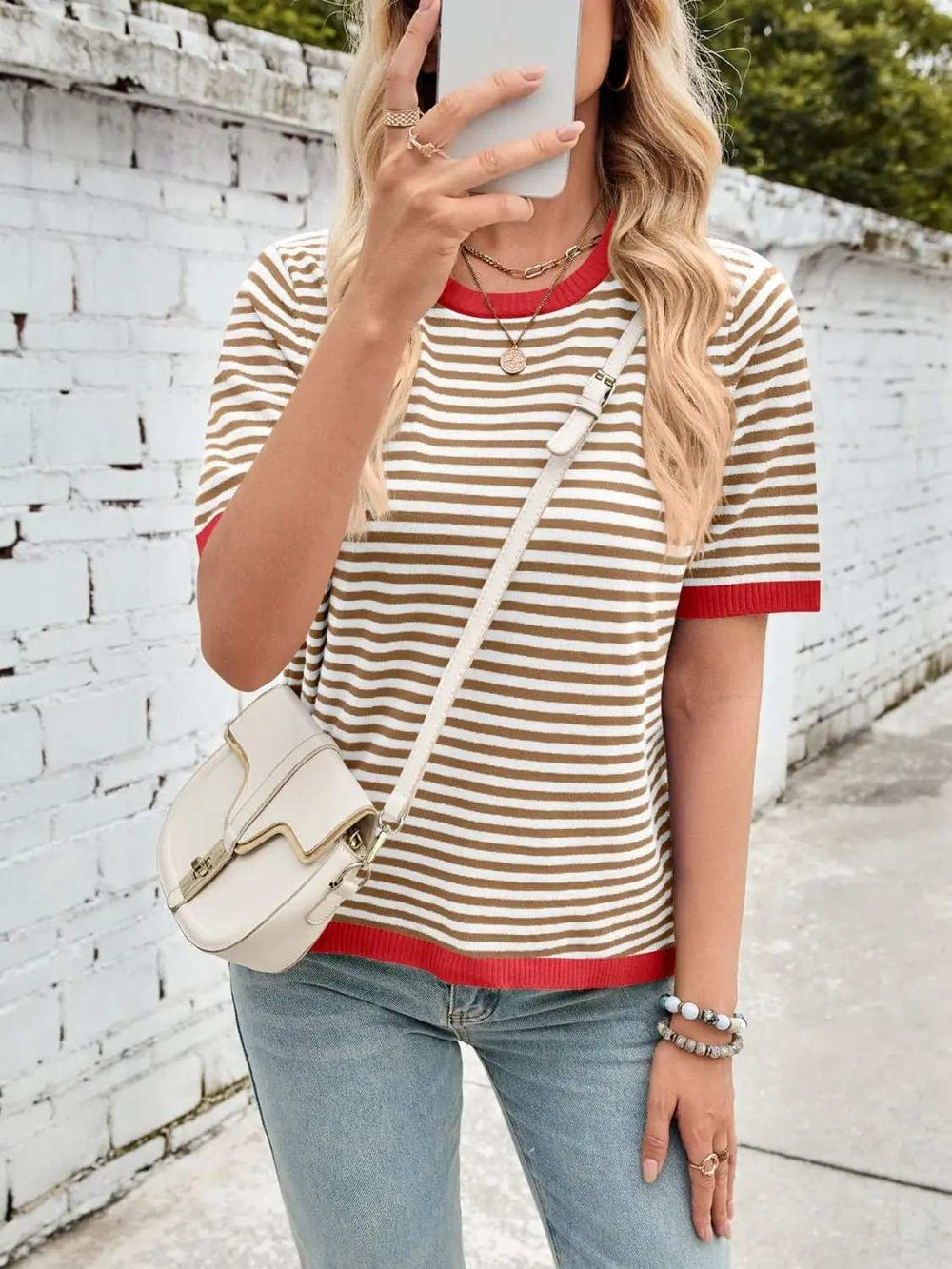 Lovelet Striped Contrast Round Neck Half Sleeve Knit Top - Trendsi - Flyclothing LLC