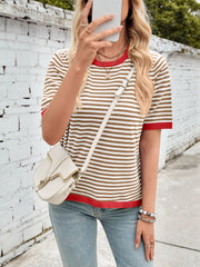 Lovelet Striped Contrast Round Neck Half Sleeve Knit Top - Trendsi