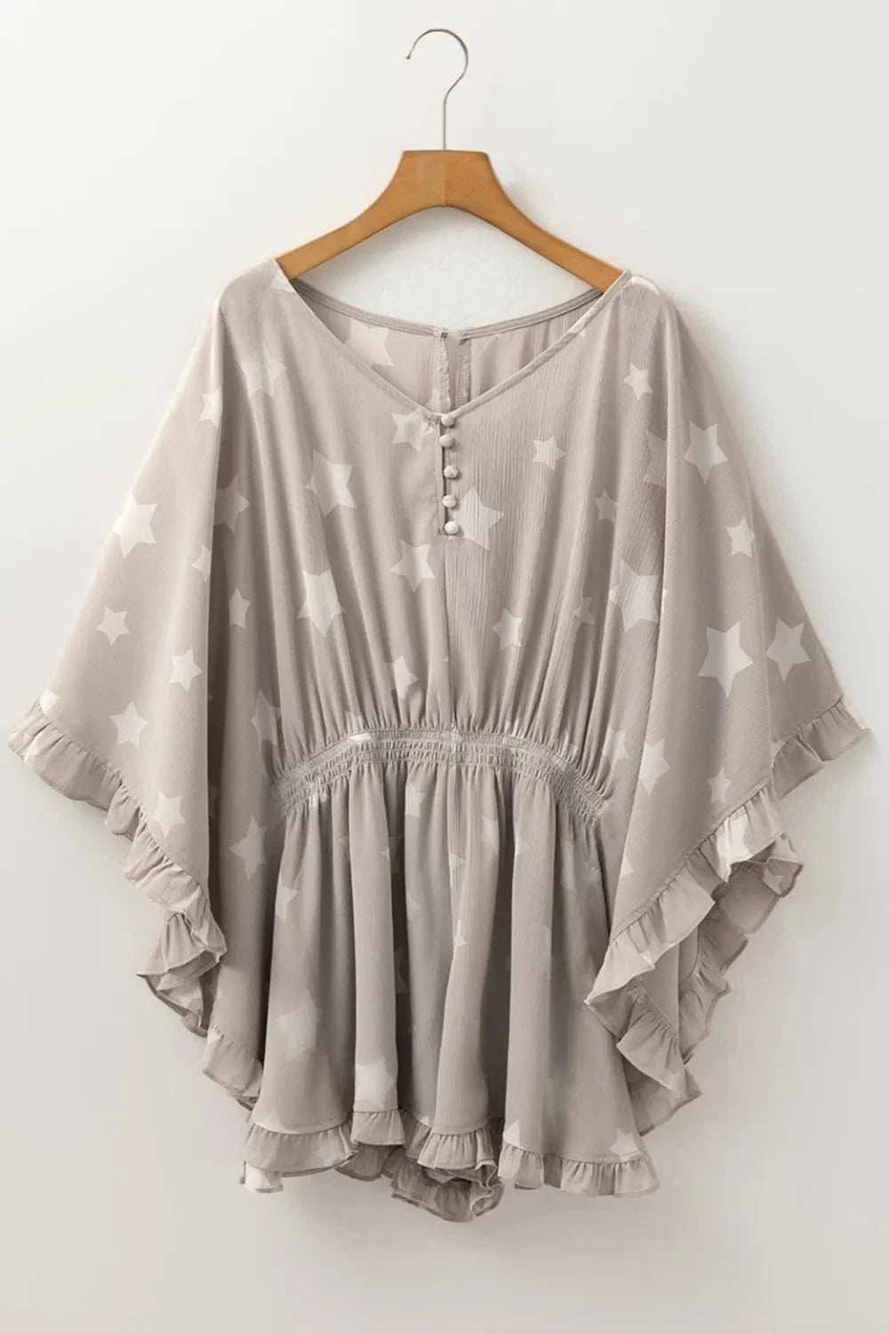 Star Print Crinkle Textured Kimono Ruffle Sleeve Romper - Trendsi - Flyclothing LLC