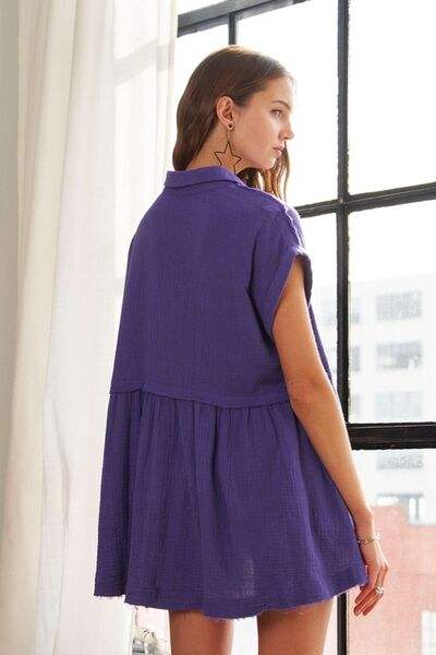 ADORA Raw Hem Collared Neck Button Down Shirt - Trendsi - Flyclothing LLC