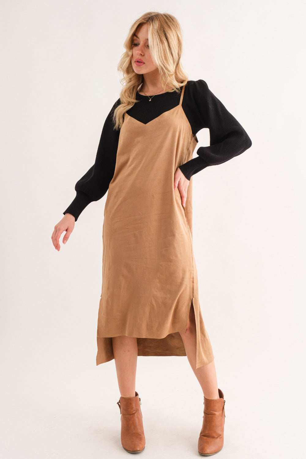 And The Why Faux Suede Cut Edge Slit Cami Midi Dress - Trendsi - Flyclothing LLC