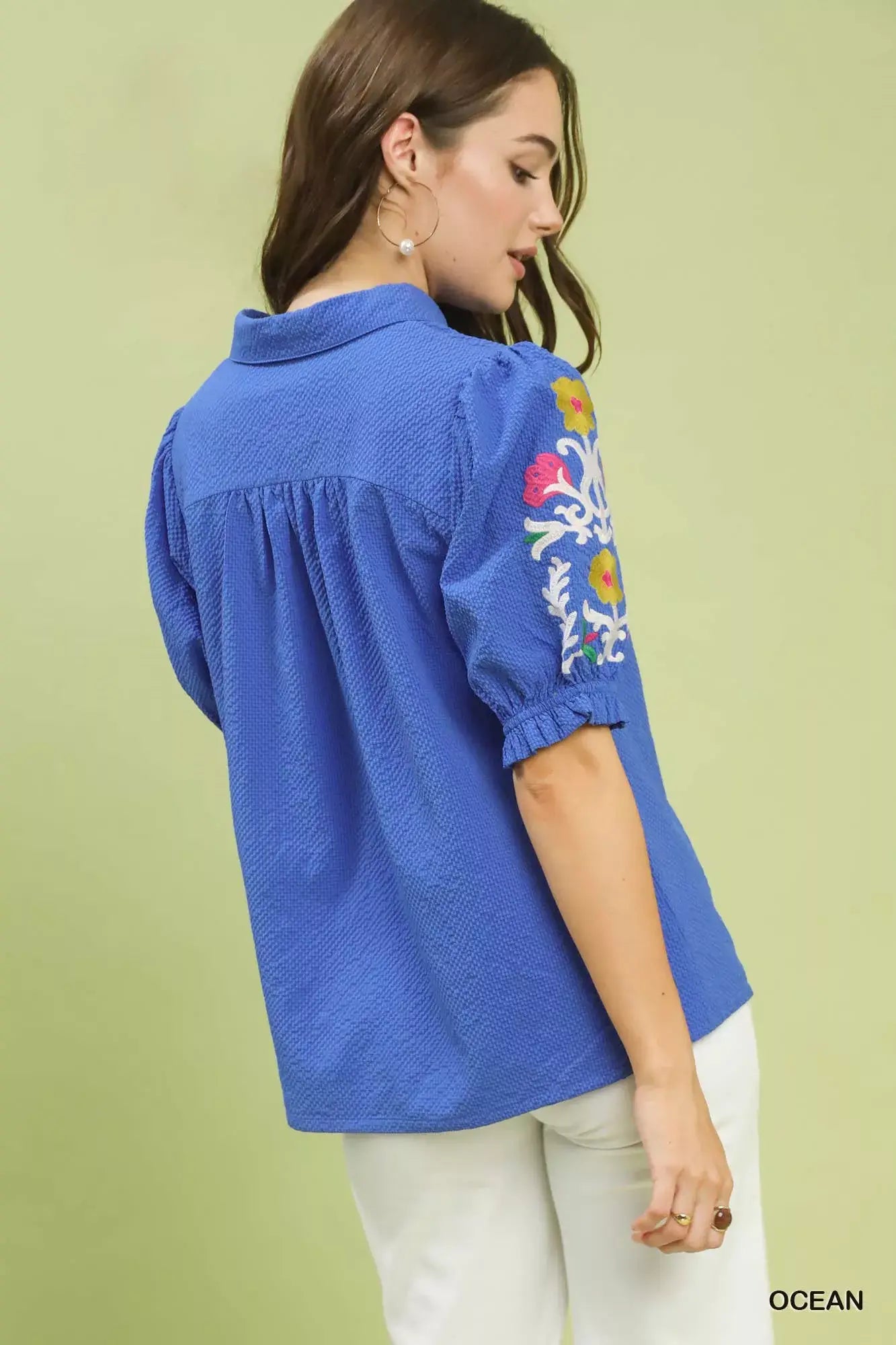 Umgee Seersucker Embroidered Sleeve Blouse - Trendsi - Flyclothing LLC