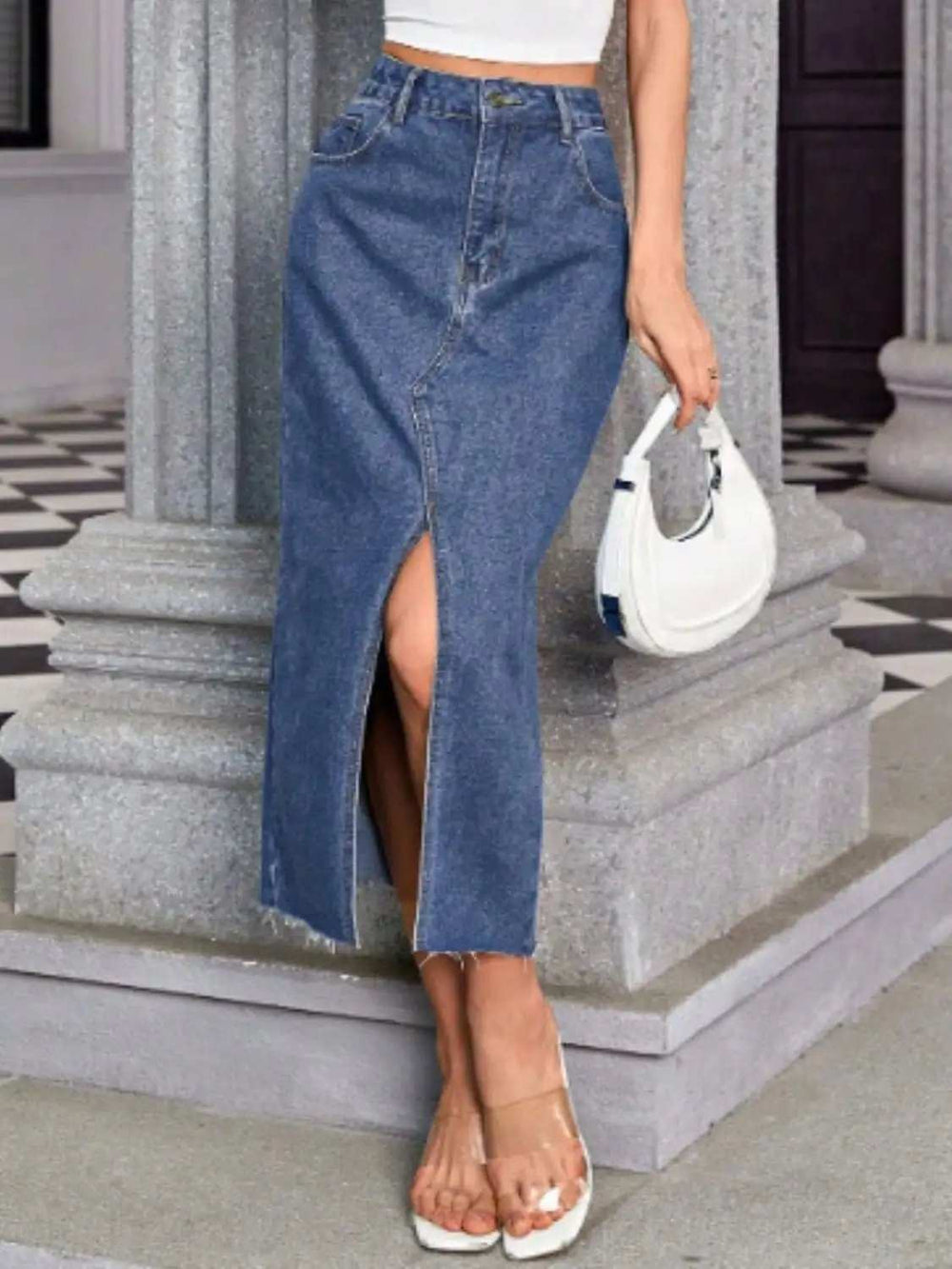 Slit Midi Denim Skirt with Pockets - Trendsi - Flyclothing LLC