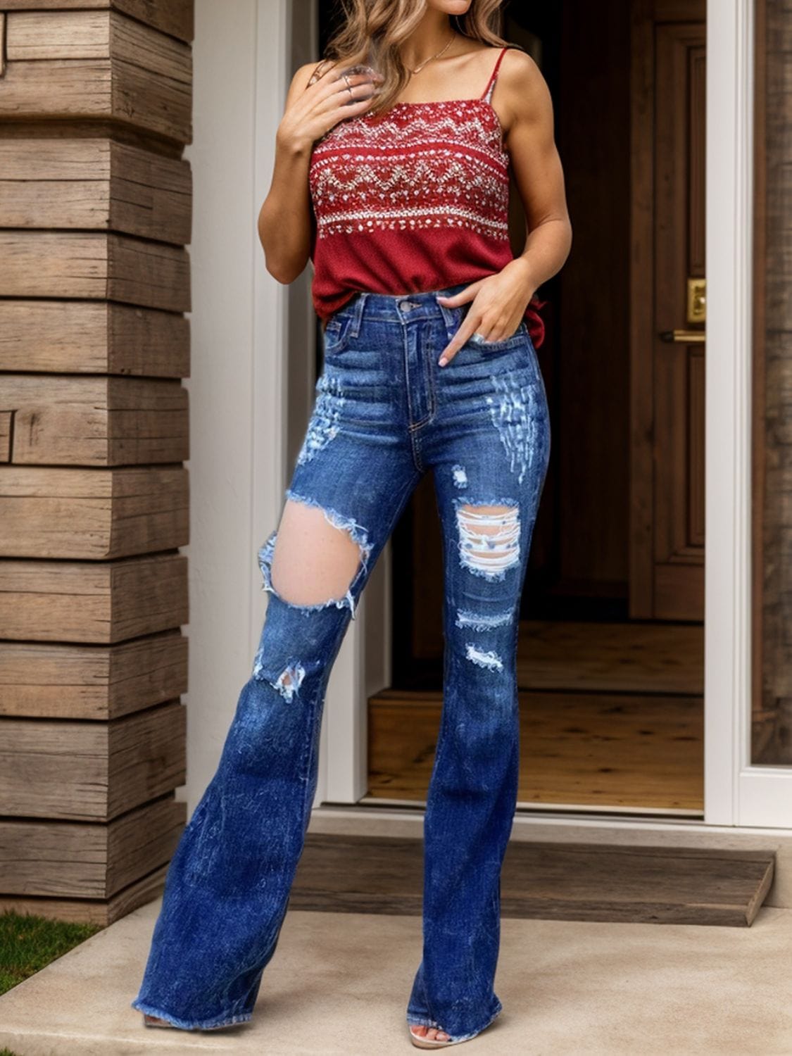 Raw Hem Distressed Bootcut Jeans - Trendsi