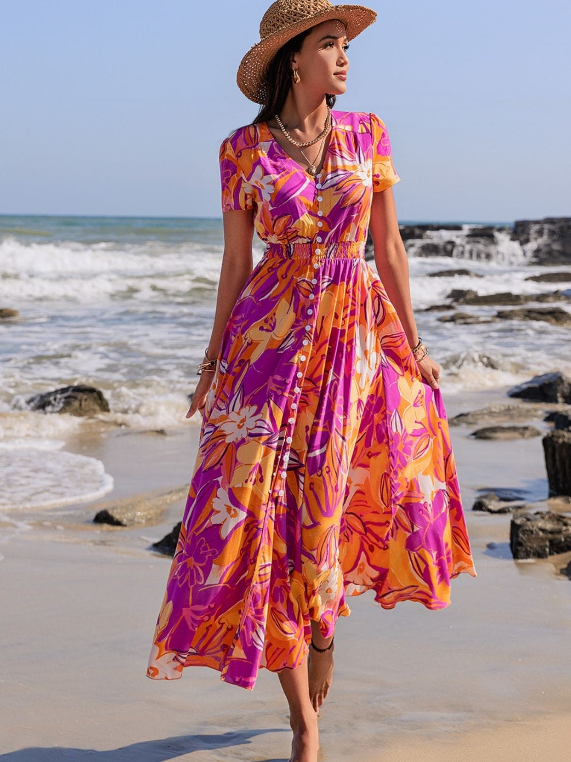 Printed V-Neck Short Sleeve Midi Dress - Trendsi