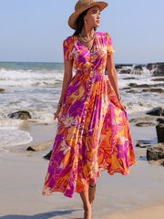 Printed V-Neck Short Sleeve Midi Dress - Trendsi
