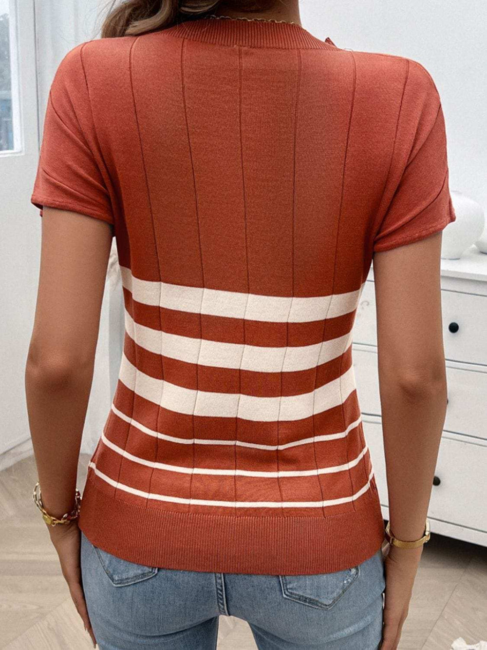 Striped Round Neck Short Sleeve Knit Top - Trendsi - Flyclothing LLC